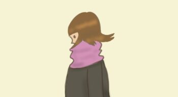 マフラーで髪が持ち上がる